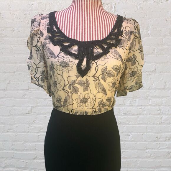 Anthropologie Whimsical Silk Dress Birds Flowers Retro Pencil Eva Franco Size 4 - Picture 3 of 10